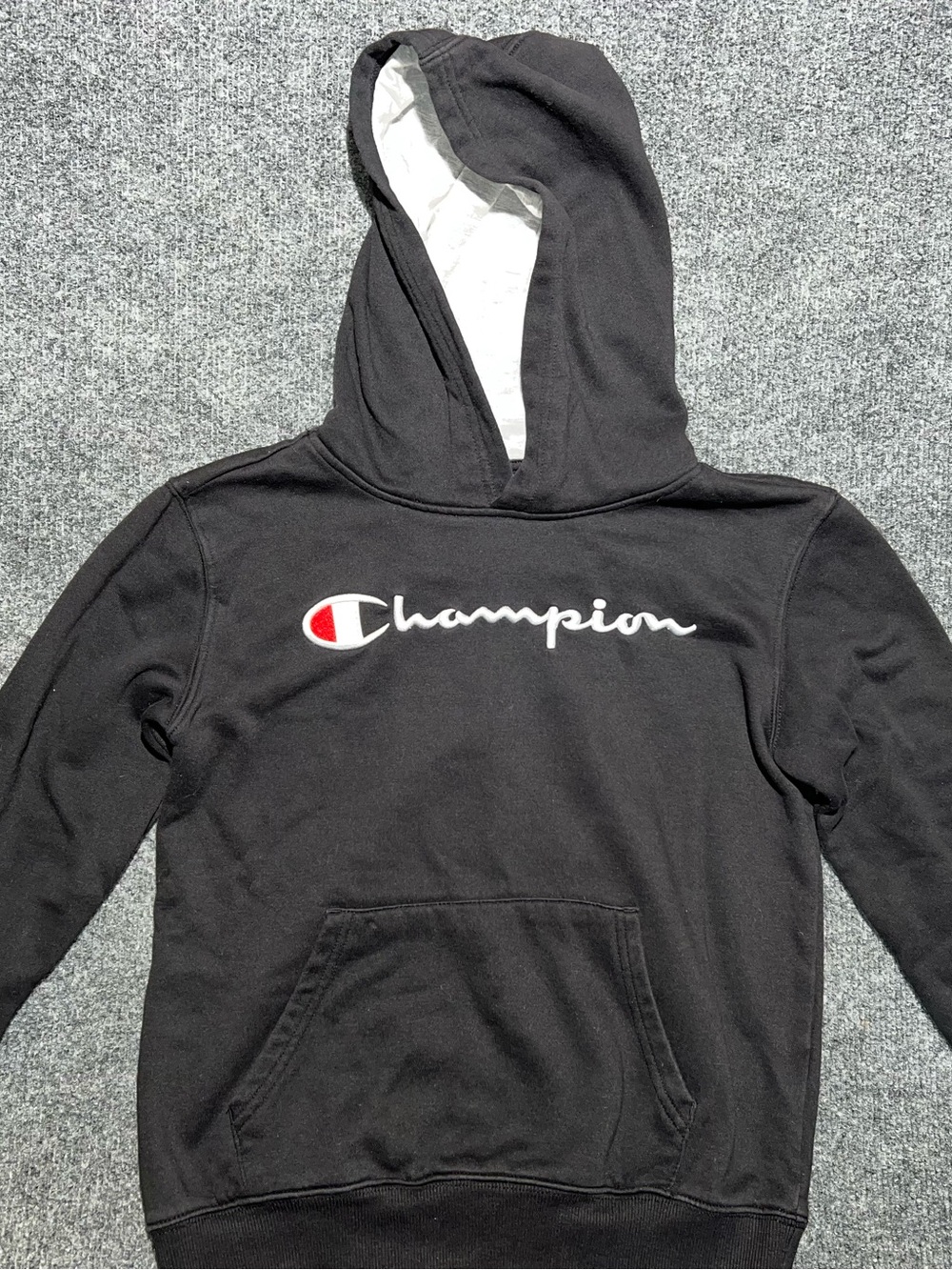 Champion Kids Black Pullover Hoodie White Script Red Logo Size M 10 12